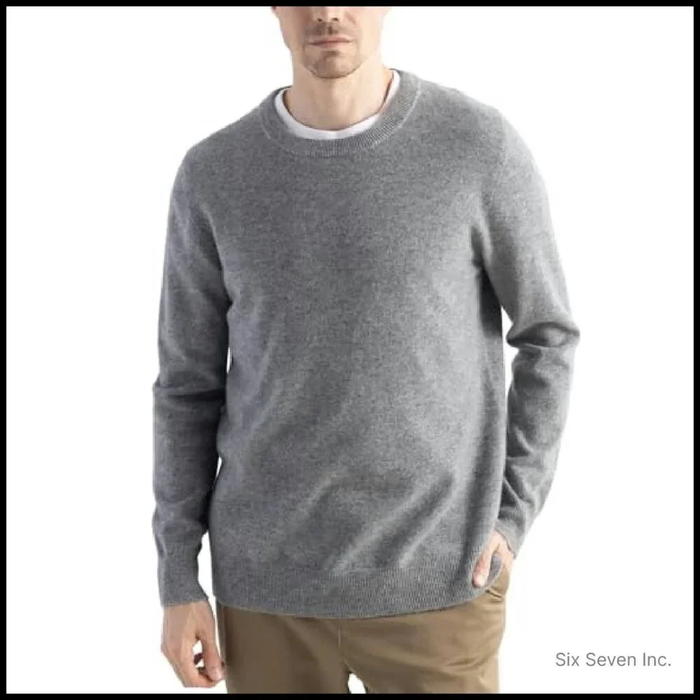 Men's 100% Merino Wool Sweater Seamless Knit Crew Neck Classic Elegant